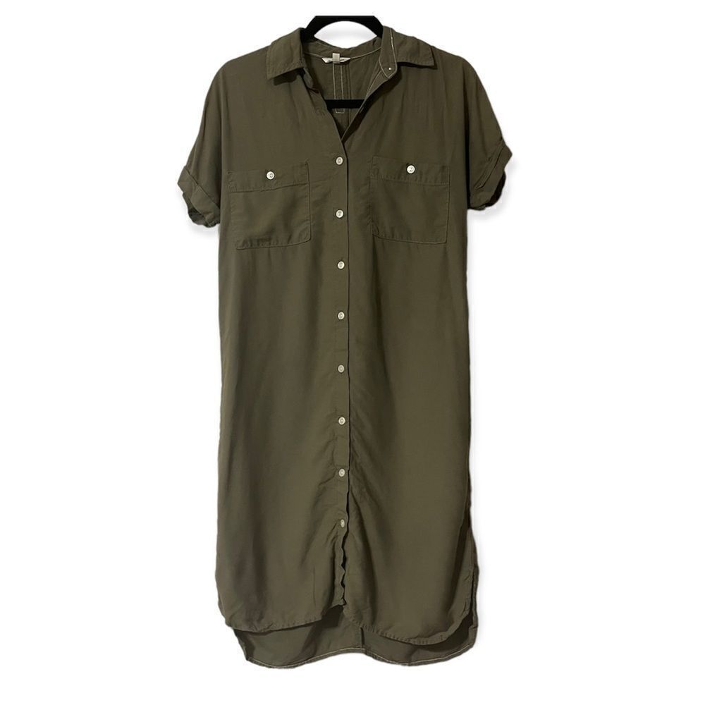 Max studio dress XS extra small green olive army EUC button up short sleeve EUC